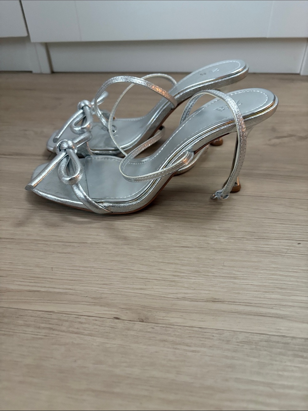 Zara Metallic Silver Bow-Strap Heeled Sandals - Picture 2 of 4